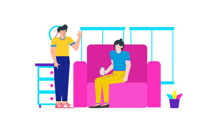 Man greeting woman on a pink chair, suitable for business card designs, social media posts, relationship themed content, and lifestyle articles.