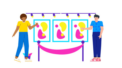 Two people admiring abstract art at a gallery opening. Suitable for marketing art events, promoting art exhibits, blog posts.