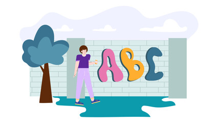Person passing by vibrant ABC letters on a wall. Suitable for educational materials, school projects, alphabet learning, and vibrant backgrounds.