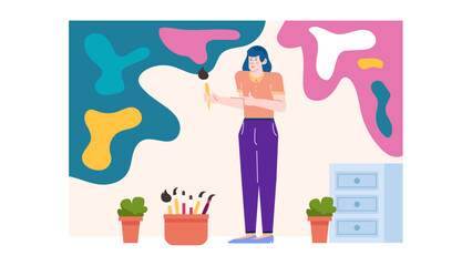 Woman artist paints vibrant abstract wall in studio. Suitable for creative projects, interior design concepts, and artistic inspiration.