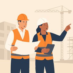 A male and female civil engineer wearing safety helmets and reflective vests reviewing blueprints on a construction site. There’s scaffolding and a partially built modern building in the background. O