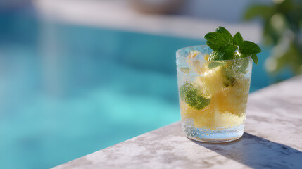 Refreshing tropical drink with pineapple and mint, sitting poolside, perfect for a sunny summer day.