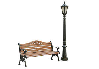 Isolated Park Bench and Vintage Lamppost with Transparent Background