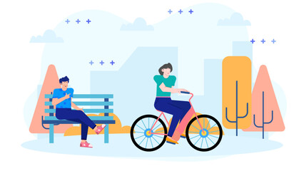 People relaxing in a park, one biking, one sitting. Suitable for outdoor lifestyle, leisure activities, city park scenes, relaxation concepts.