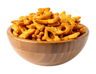 A wooden bowl overflows with seasoned, pretzel-shaped snacks.  The pretzels are golden-brown and appear crunchy