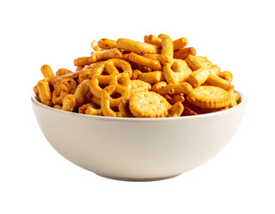 A white bowl overflows with a savory mix of pretzels, crackers, and breadsticks
