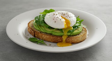 Indulge in the perfect breakfast: a gourmet avocado toast topped with a perfectly poached egg, drizzled with golden yolk, and garnished with fresh arugula.