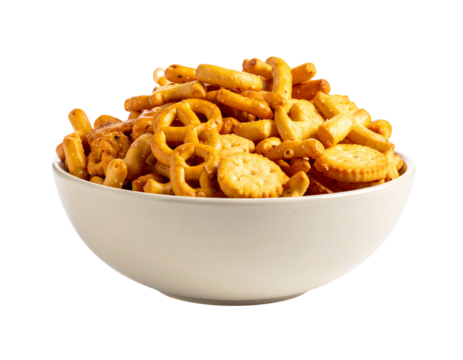 A white bowl overflows with a savory mix of pretzels, crackers, and breadsticks