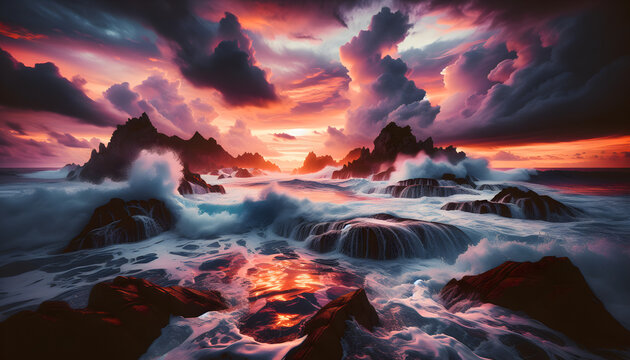 Dramatic Seascape with Fiery Skies and Tumultuous Waves