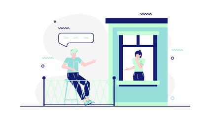 Two people socializing safely by next to a buildings window. Suitable for illustrating social distancing, communication, urban lifestyle concepts.