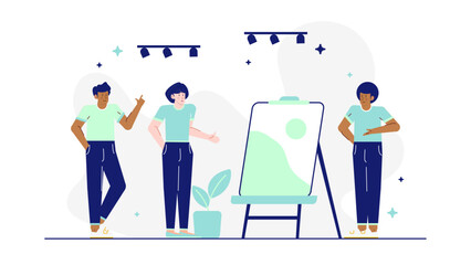 Three people by easel with artwork. Suitable for promoting art classes, group projects, creative workshops, team collaboration concepts.