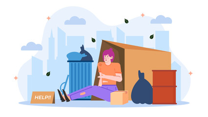 Homeless woman in city, looking for help. Suitable for social issues, homelessness, charity, urban poverty concepts in design projects.