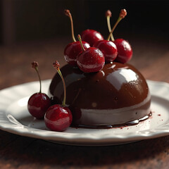cherries on a chocolate cake plate