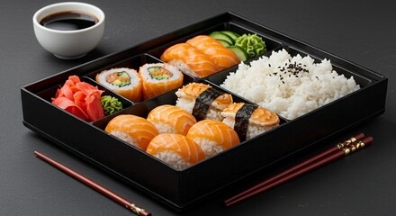 Indulge in a delectable Japanese bento box brimming with fresh salmon sushi, maki rolls, and perfectly cooked rice, a culinary journey in every bite.