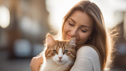 Happy domestic cat being gently held in her owner's loving arms indoors