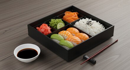 Exquisite Japanese Bento Box: A Culinary Delight of Sushi, Rice, and Fresh Ingredients Awaits