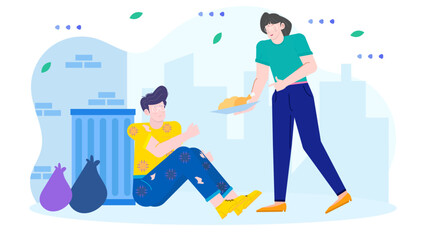 Assistance role Woman supports homeless man with food in urban setting. Poverty, homelessness, charity, community, social issues, neighborhood support.