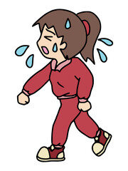 汗をかきながら疲れて歩く若い女性のイラスト　カラー（Affinity Designer版）