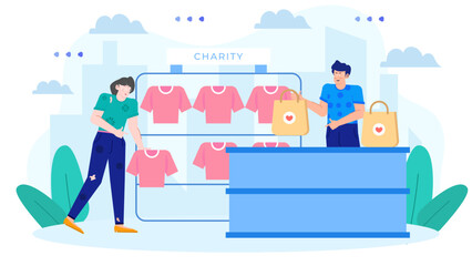 Charity shop donates clothes to a needy person, showing kindness and compassion. Appropriate for charity organizations, social awareness campaigns.