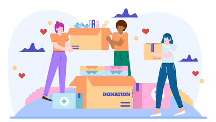People donate clothing and supplies into boxes. Suitable for charity, donation, clothing drive, community support, giving back, philanthropy, and humanitarian aid concepts.