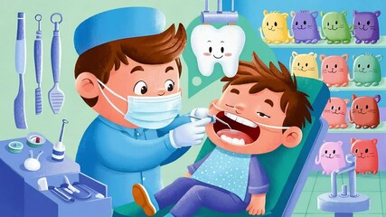 An animated pediatric dentist wearing a mask gives a boy a dental checkup in a kid-friendly office with colorful decor and tools
