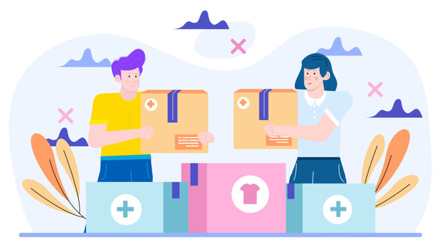 Two people donate boxes of supplies for charity. Suitable for fundraising campaigns, nonprofit organizations, charitable events, donation drives, community support.