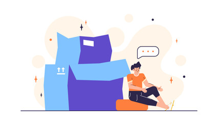 Person feeling anxious near large boxes, suitable for concepts of stress, overwhelmed, delivery, packages, moving, online shopping, and anxiety.