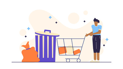 Person stands near a trash can, shopping cart, and bag. Suitable for environmental, shopping, and lifestyle concepts. Urban setting. Clean background.