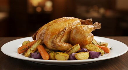 Golden-brown roasted chicken, glistening with savory juices, sits majestically on a pristine white plate, surrounded by a medley of perfectly roasted root vegetables