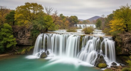 Obraz premium Scenic cascade in a lush forest with vibrant autumn foliage and misty spray