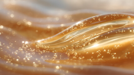 Golden fluid with bubbles forming abstract waves. Light glints and highlights the textured surface.