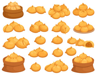 A collection of illustrated steamed buns in various sizes and arrangements, some in baskets, others on plates
