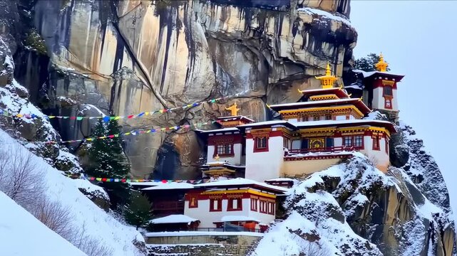 Bhutan's tiger's nest monastery clinging to a cliffside covered in snow