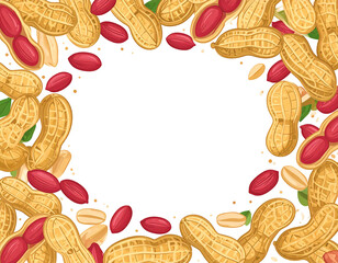 A frame of peanuts in shells and loose nuts, with leaves,  creating a border around a black center