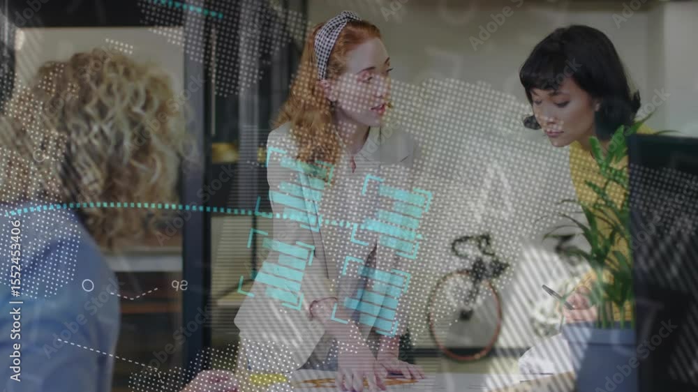 Poster three coworkers exchanging ideas at table activating data overlays aligning business insights