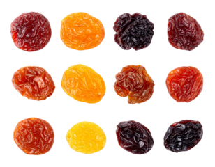 A close-up shot of twelve dried fruits; prunes, apricots, and raisins, showcasing variations in color and texture