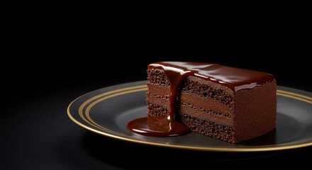 Indulge in Decadence: A Rich Chocolate Cake Drizzled with Luscious Ganache, Perfectly Presented on an Elegant Black and Gold Plate.