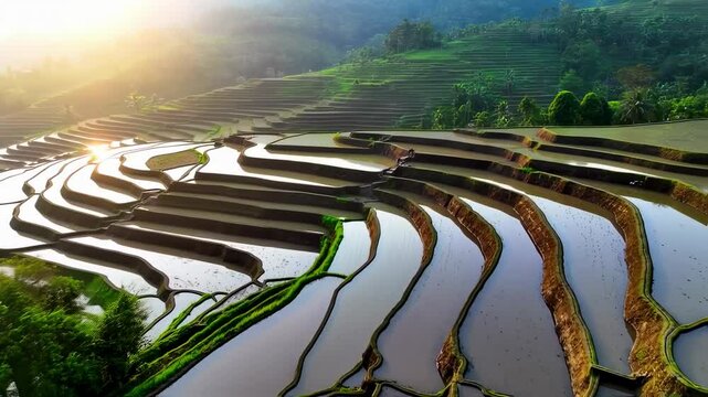 Aerial View of the Beautiful Rice Terraces at Sunrise, Indonesia Scenic