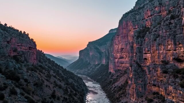 Breathtaking drone footage of a river flowing through a canyon at sunset