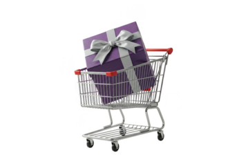 Isolated Shopping Cart Filled with Purple Gift Box on Transparent Background