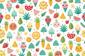Cheerful summer fruit, ice cream, and sun pattern.  Bright, cartoonish design featuring happy faces on various tropical fruits and refreshing treats against a white background