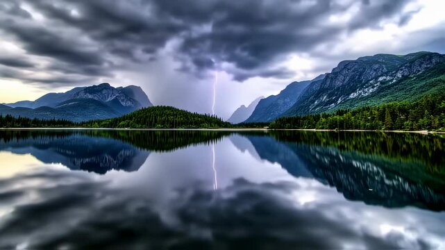 Dramatic Lightning Storm Over Mountain Lake, Capturing Nature's Raw Power in a Stunning Timelapse