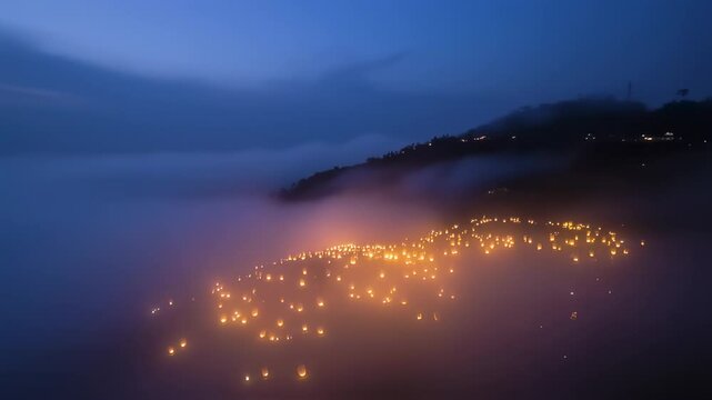 Beautiful Lantern Festival on a Misty Night in Pingxi Taiwan Celebration