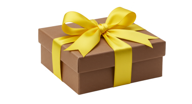 Isolated Gift Box with Yellow Ribbon on Transparent Background
