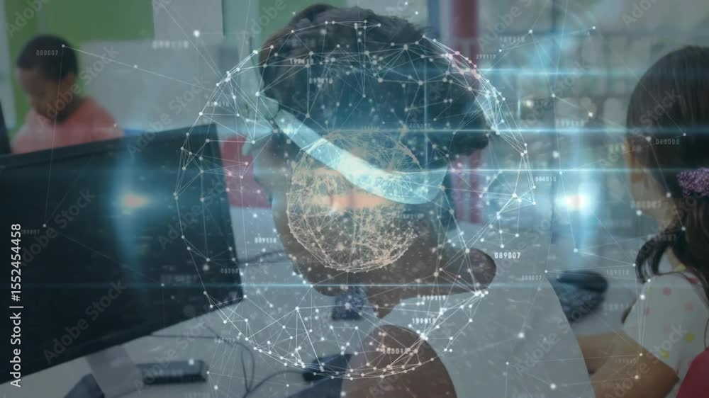 Poster Girl typing at computer in lab starting rotating networked globe overlay illustrating tech learning