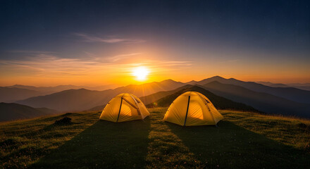 Camping Tents on Mountain Peak at Sunset - Outdoor Adventure, Nature, Mountain View Photography