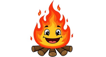 Cartoon fire character with smiling face on logs vector illustration
