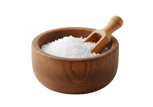 Isolated Still Life of White Crystal Salt with Wooden Bowl and Scoop