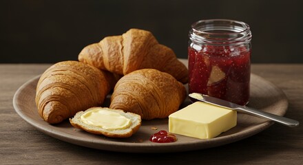 Golden-brown croissants, a pat of butter, and a jar of vibrant strawberry jam create a tempting breakfast tableau on a rustic wooden plate.