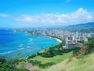 Naklejka premium Panoramic view of Honolulu cityscape, coastline, and ocean. Lush green parkland and high-rise buildings meet the turquoise water under a vibrant blue sky